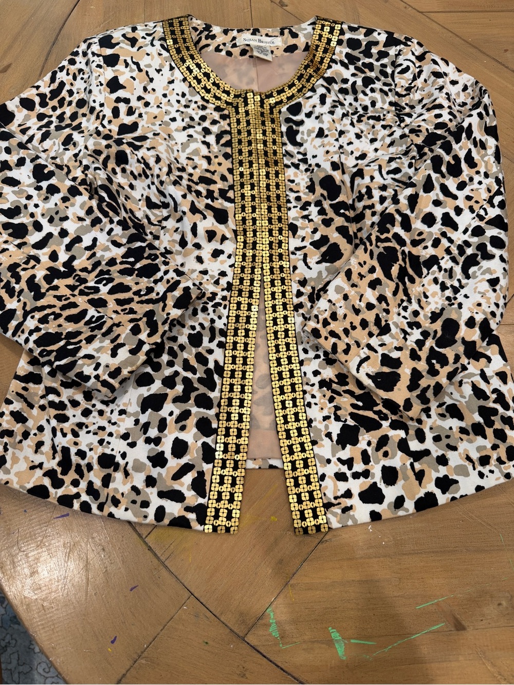 Susan Bristol Black and Beige Animal Print Top Gold Trim Medium